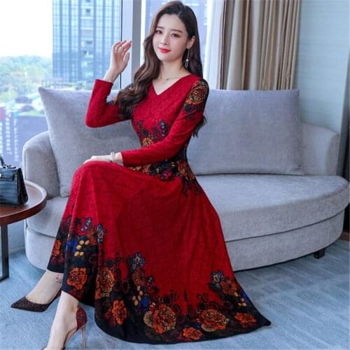 LUKAXSIKAX 2021 New Arrival Spring Autumn Women Long Sleeve Dress High Quality Retro Flowers Print Elegant Slim Long Dress