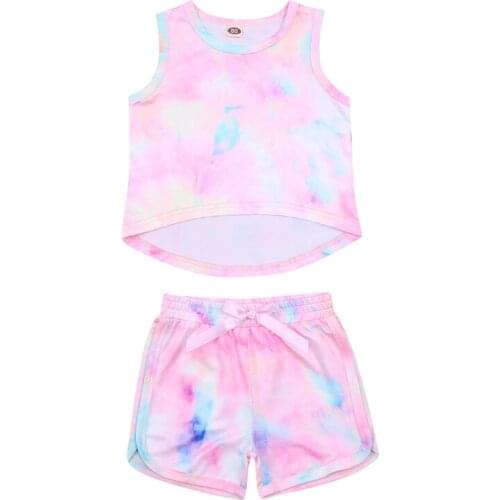 New Summer Kids Girls Clothes Sets Tie-Dye Printed Sleeveless Pullover Vest Tops Shorts Outfits Infant Two Piece Clothing Set