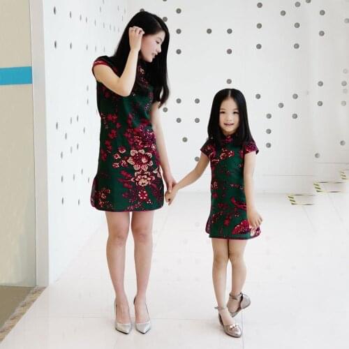 Family Matching Outfits Mother Daughter Dresses summer dress children national wind cheongsam dress mother daughter cheongsam