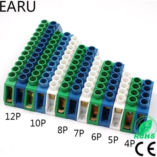 Blue White Green Bridge Design Zero Line 4-12 Pole Screw Brass Copper Grounding Strip Terminal Block Connector Earth And Neutral