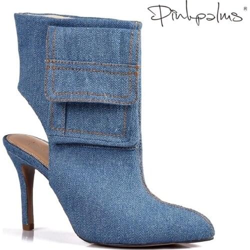 Shoes Women Fashion Boots High Heels Blue Denim Pocket Ankle Boots
