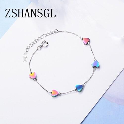 Fashion New Silver Color Multicolor Love Heart Shaped Chain Link Women Bracelet Silver Color Jewelry Gift