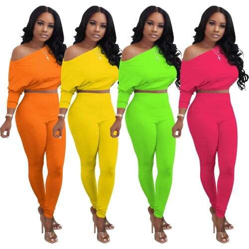 Solid Color Two Piece Set Womens Off Shoulder Long Sleeve Crop Top And Casual Pants Suit Matching Set Sweat Outfits 9 Color