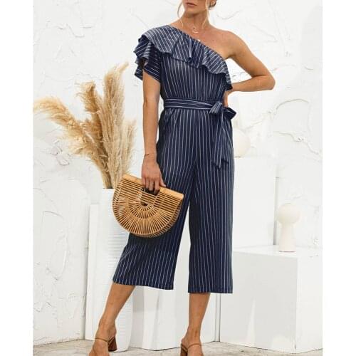 Party Jumpsuit Women Summer Slanted Shoulder Ruffle Striped Sashes Wide Legs Pants Beach Boho Romper Fashion Streetwear 2021