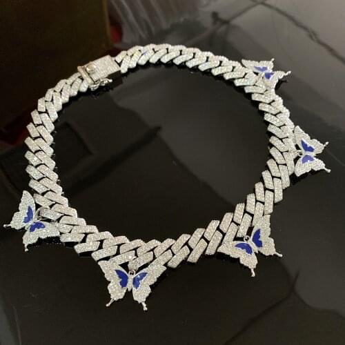 2020 High quality Iced Out Miami cuban Hip Hop Enamel Blue Butterfly Necklace with bling 5A cz women fashion heavy party jewelry