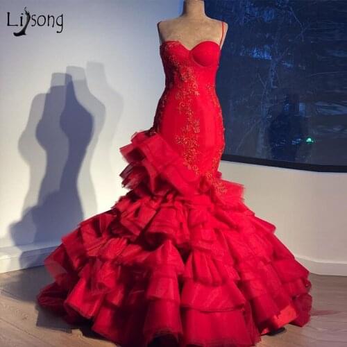 Rose Red Mermaid Wedding Dresses Real Image Ruffles Tiered Lace Vintage Wedding Gowns Sweetheart Bridal Dress 2020