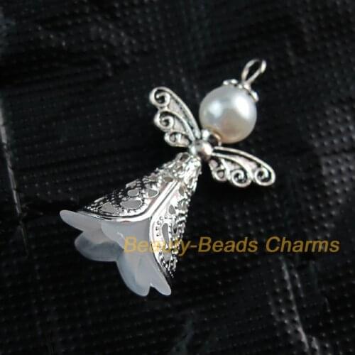 10 New Tibetan Silver Color Charms White Acrylic Angel Wings Pendants 22x37mm