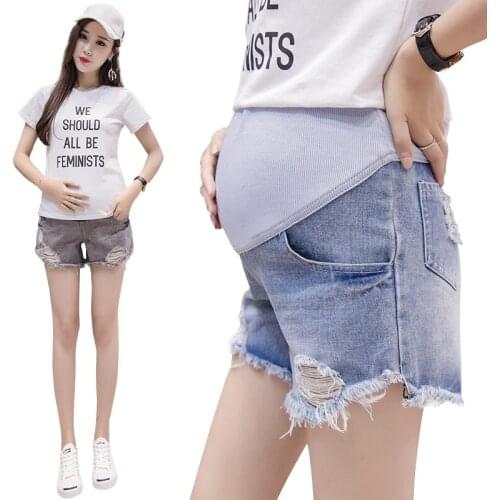 2021 Summer Maternity Wear Elastic High-Waisted Shorts Pregnant Women Stomach Lift Pants Hole Denim Shorts Maternity Clothes Hot