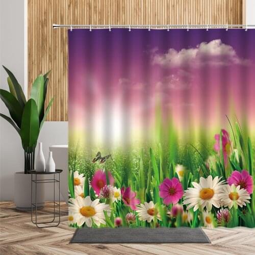 Butterflys Flowers Shower Curtain Green Leaf Color Water Surface Flower Bathroom Decoration Waterproof Bath Curtains With Hooks