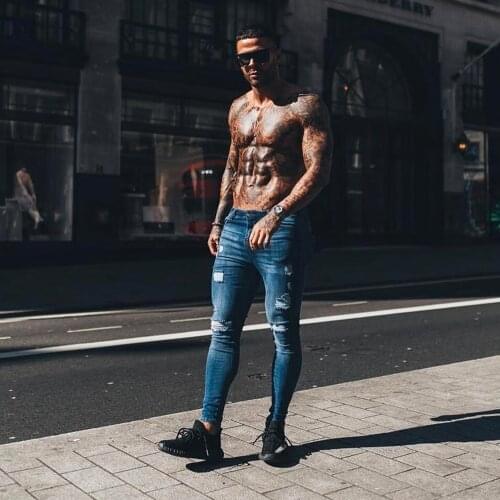 Melody Spray On Jeans Yoga Pants Men Trousers Dark Blue Jeans Skinny Stretch Jeans For Men Denim Wash Broken Ripped Jeans Sport