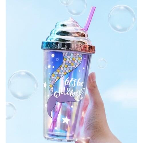 Summer Cute Straw Cup with Sealing Cover Double-Layer Reusable Tumbler Cup with Mermaid Patterns Eco-friendly with Lid BPA Free