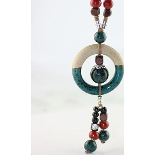 Fashion Vintage Ceramic Beads Circle Tassel Necklace Pendant For Women Ethnic Style Long Sweater Chain Jewelry Accessories