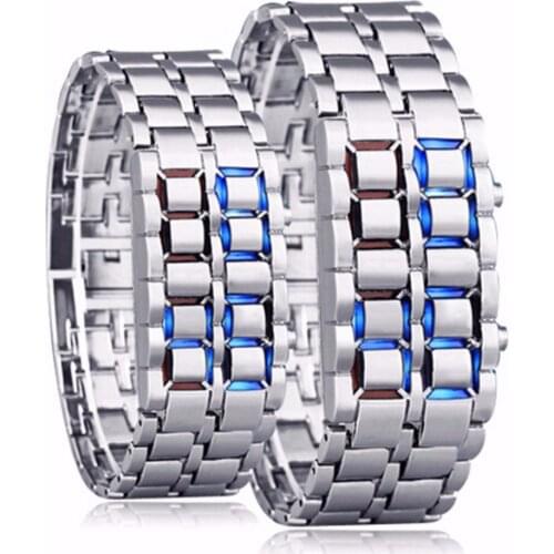 Fashion Unisex Mens Womens Lava Iron Watch Sports Stainless Steel Faceless LED Digital Wrist Watch Blue Red Light Relogio