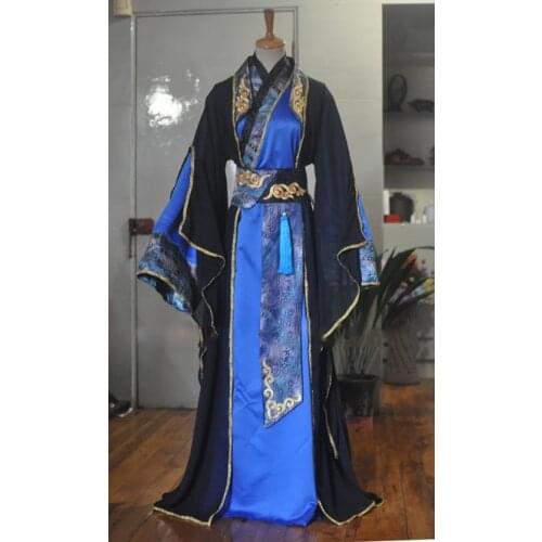 Clear Stock Black Blue Male Costume Hanfu for Stage Performance or TV Play Free shipping