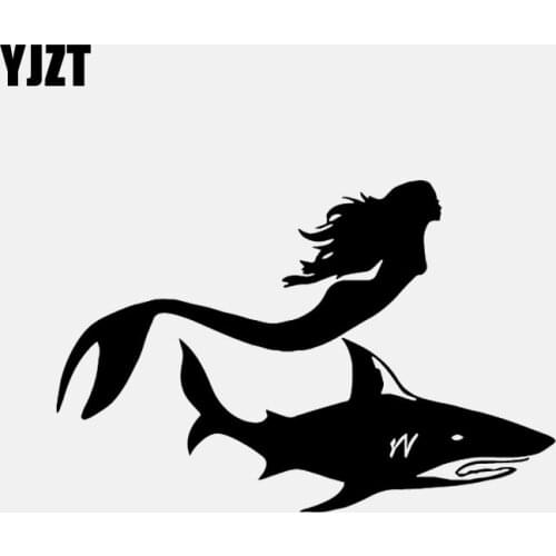 YJZT 15.8CM*10.5CM Vinyl Decal Car Sticker Mermaid Girl with Shark Fish Sea Ocean Black/Silver C24-0851