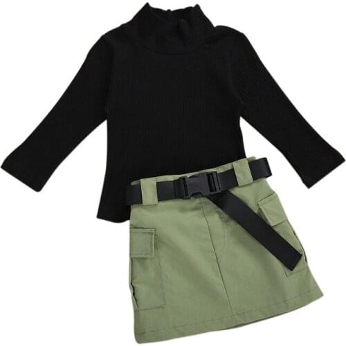 New Autumn Fashion Girls Clothes Sets Knit Long Sleeve Black Sweater Tops Army Green Skirts+Belt 1-6Y