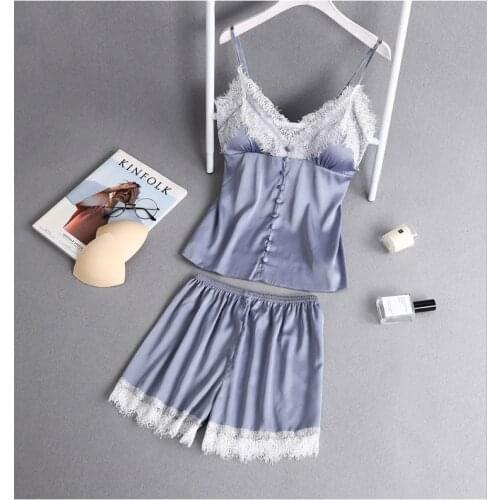 New Products Spring Summer Silk Like Sexy Pajamas Womens Sling Shorts Lace Nightwear Suit Japanese Fashion Home Wear Sleepwear
