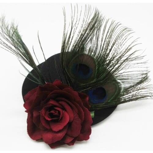 Retro Women Black Gothic Mini Top Hat Victorian Steampunk Hairclip Peacock Feather Rose Hair Accessories Christmas Gift