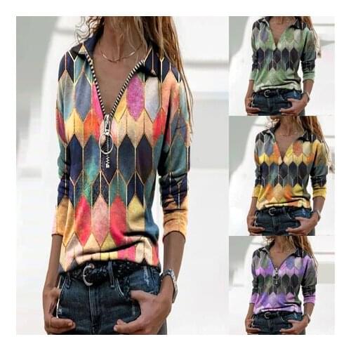 Vintage V-neck Geometric Print Blouse Shirt Spring Autumn Loose Zipper Tops Tee Casual Autumn Winter Ladies Female Women