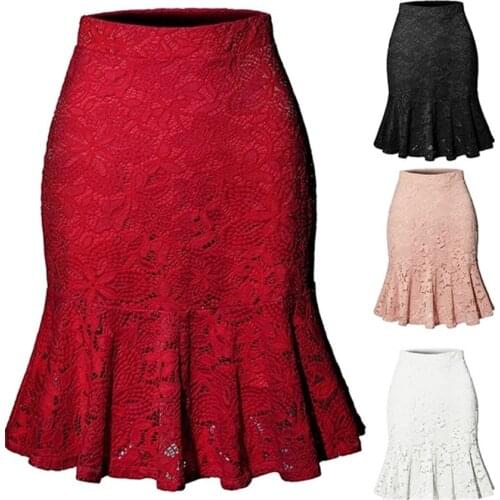 Elegant Lace Skirts for Women Mermaid Skirt Elastic Waist Slim Fit Office Ladies Bottoms Fishtail Knee-length Spring Summer 2021
