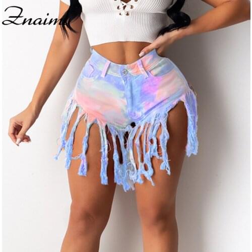 Znaiml Summer Mid Waist Tie-dye Print Denim Shorts Women All-match Casual Loose Ladies Fashion Tassels Up Pocket Jeans Female