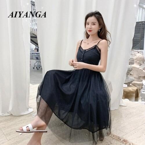 2019 Vintage Summer Dress Womens Clothing New Lace Spliced Black Spaghetti Strap Sexy Mesh Dress Womens Vestidos