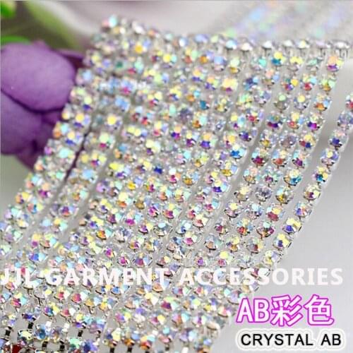 10yards Silver base crystal AB Color SS6 ss8 ss10 ss12 Crystal Rhinestone chain trimming sew on rhinestones cup chain SOWOO