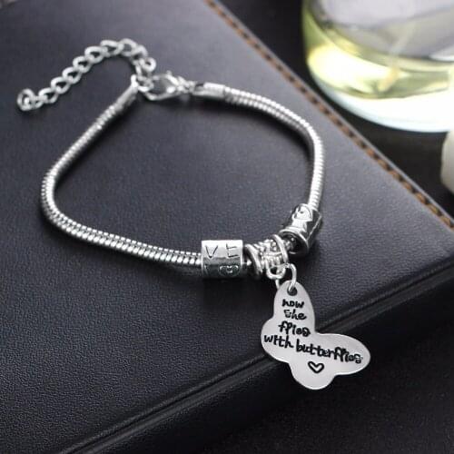 12PC/Lot Now She Flies With Butterflies Heart Charms Bracelet Love Beads Chain Bangle For Women Girls Jewelry Gifts Wristband