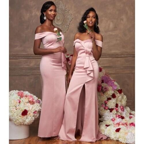 2021 Mermaid Satin Off Shoulder Side Slit Bridesmaid Dress Floor Length Women Party Night African vestido de fiesta de boda