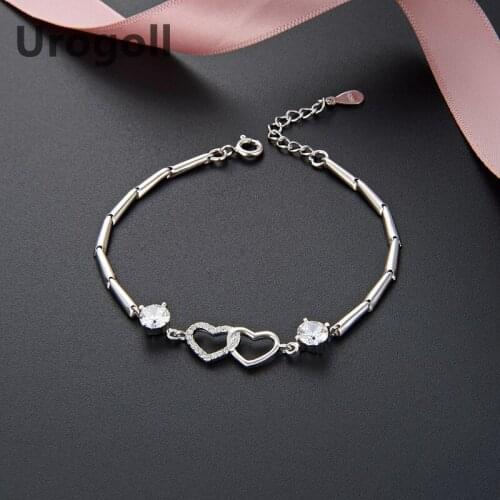 Noble Women Bracelet Pure S925 Sterling Silver Bracelet Inlaid Zircon Double Heart-shaped Jewelry Girl Temperament Bracelet