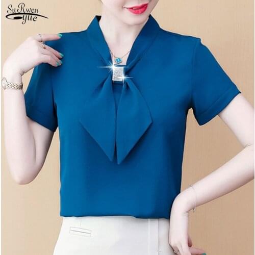 2021 Summer Bow Loose Solid Women Blouses and Tops Solid Bottom Shirts Elegant Fashion Short Sleeve Chiffon Women Shirts 9529