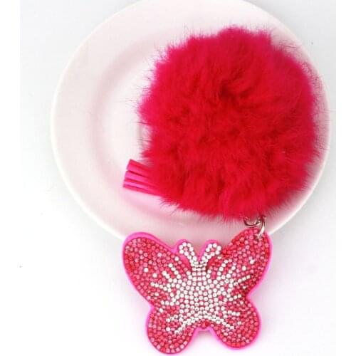 Cute Rabbit Fur Pendant Car Keychain Women Fashion Tassel Pompom Fluffy Crystal Butterfly Keyring Holder Charm Bag Accessories