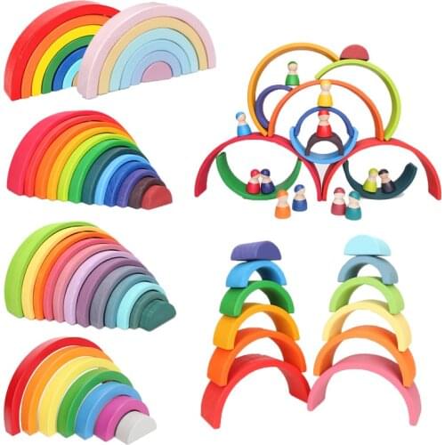 Wooden Rainbow Block Colorful Wood Rainbow Stacker for Kids Montessori Educational Baby Stacking Game Rainbow Building Blocks