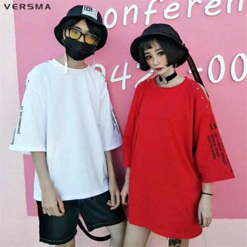 VERSMA New Korean Harajuku Letters Printed Hollow Patchwork T Shirt Men Women Summer Hip Hop Vintage Loose 3/4 Sleeve Men Tshirt