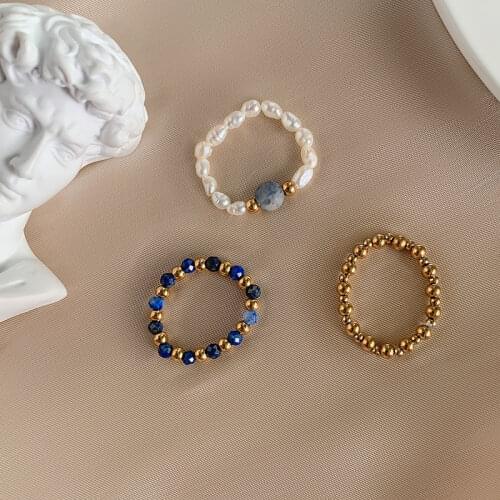 Charm Natural Stone Freshwater Pearl Rings for Women 3mm Faceted Lapis Lazuli Bead with Stainless Steel Bead Ring Set Adjustable