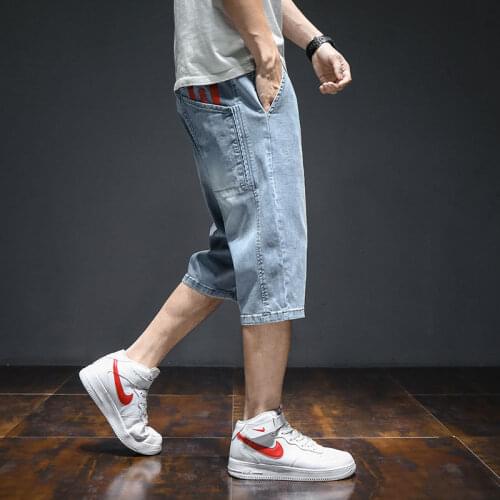 Fashion 2021 Denim Drawstring summer trend mens slim pants Korean style shorts thin five-point pants youth stretch
