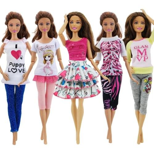 5 Sets Fashion Casual Outfits Daily Wear Vest Shirt Tops Layered Skirt Pants Dress Dollhouse Accessories Clothes for Barbie Doll