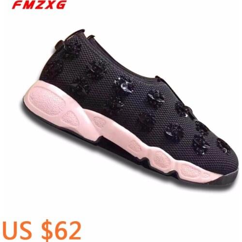 Fashion String Bead Mesh Round Toe Sneakers Women Espadrilles Flats Casual Zapatillas Mujer Loafers Floral Spring Autumn Shoes