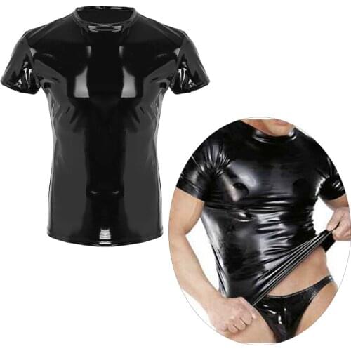 MSemis Mens Tank Top Shirt Wetlook Faux Leather Punk Style Stage Costume Muscle Tight Casual T-shirt Stage Performance Clubwear