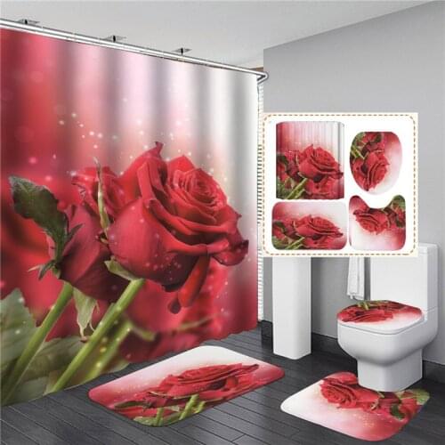 White Floral Trees Roses Printed Shower Curtain Set Simple Bath Products Bathroom Decor with Hooks Anti-slip Bathing Mats Rugs