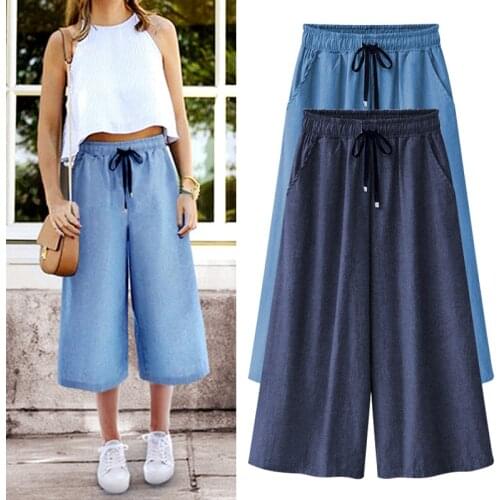 New Summer Blue Womens Wide Leg Pants Thin High Waist Elegant Long Pants Work Casual Loose Bandage Trousers Female Plus Size