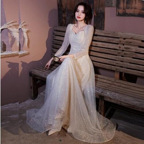 A-line Prom Dress Long-sleeve Women Party Dresses Sequins Elegant Formal Robe Square Neck Evening Dress
