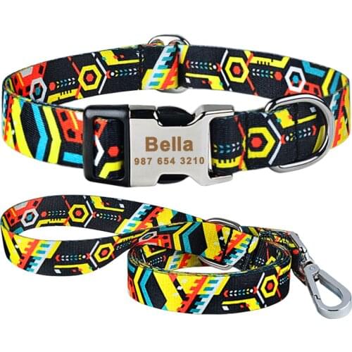 Adjustable Nylon Dog Collars Personalized Dog Collar Custom Engraved Name ID Tag Puppy Medium Large Unisex Dogs Collar Lease set