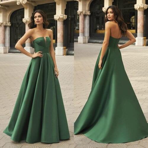Hunter Green Designer Evening Dresses Strapless A Line Prom Dress Satin Custom Made Sweep Train Party Dress