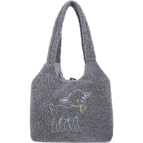 Women Lamb Like Fabric Shoulder Bag Simple Canvas Handbag Tote Large Capacity Embroidery Shopping Bag Cute Book Bags For Girls