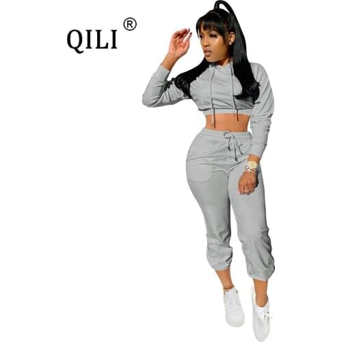 QILI women full sleeve jumpsuits hooodies top and pants two piece set clothes cotton jumpsuit plus size