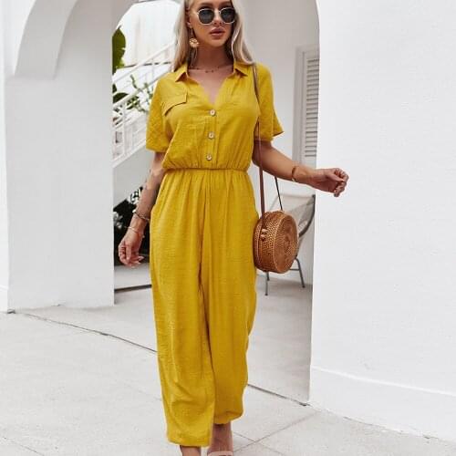 Patchwork Jumpsuits Women 2021 Short Sleeve Button Up V Neck With Pockets Ladies Casual Army Green Yellow Overalls Bodysuits