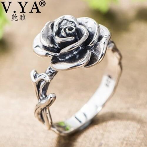 V.YA Retro Black Thai Silver Rose Flower Rings for Women 100% 925 Sterling Silver Finger Ring S925 Black Rose Party Ring Punk