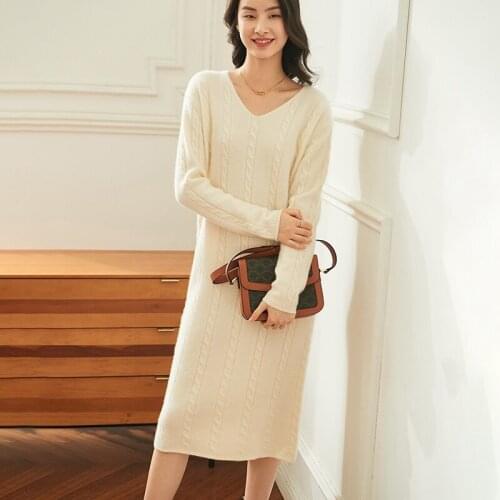 Zocept Dress Women Pure Goat Cashmere Knitted V Neck Long Sleeve Straight Pullover Dresses Ladies Fashion Knee-Length Dress 2021