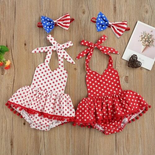 2 Pcs Newborn Independence Day Outfits Baby Girl Clothes Sleeveless Tie Up Pentagram Print Halter Romper + Bowknot Headband